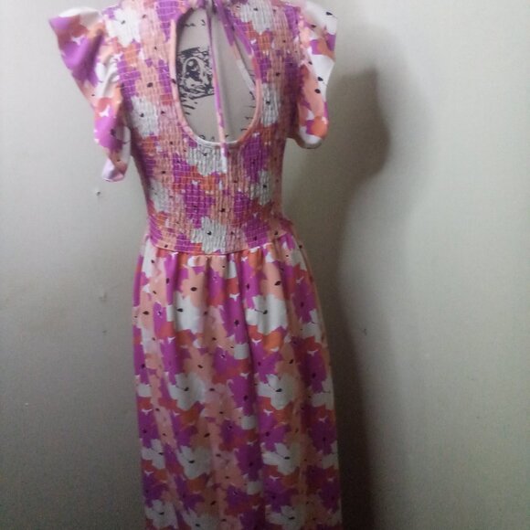 Michelle McDowell Dress Women M ? Short Ruffle Sleeve Smocked Floral Pink Orange - Picture 11 of 16